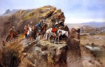 indians on a bluff surveying general miles troops Charles Marion Russell American Indians Oil Paintings